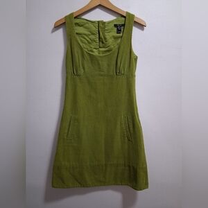 MNG Vintage Y2K Corduroy Milkmaid Green Mini Dress Pockets Size 4